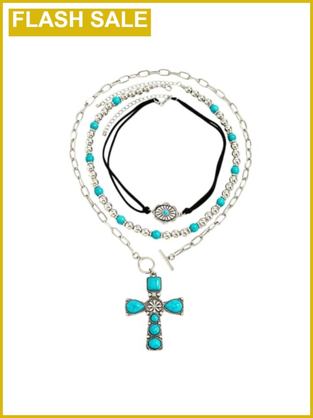 Western Turquoise Cross Necklace Set Layered Beaded Choker Cowgirl Jewelry
